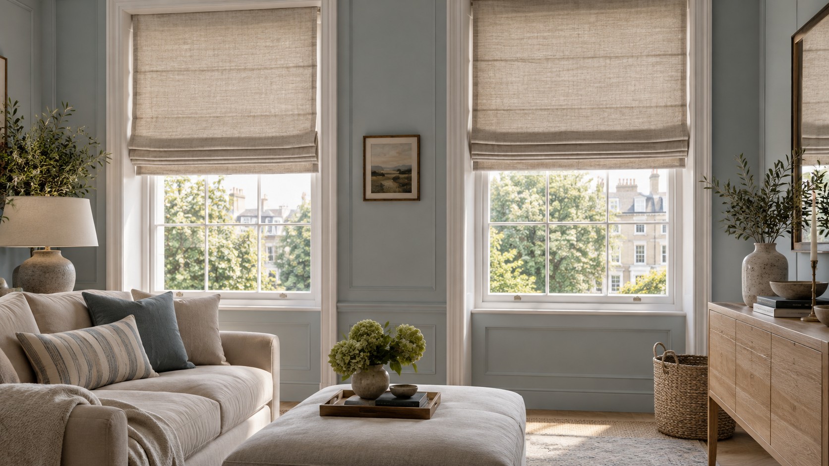 Linen Roman Blinds in a calm living room